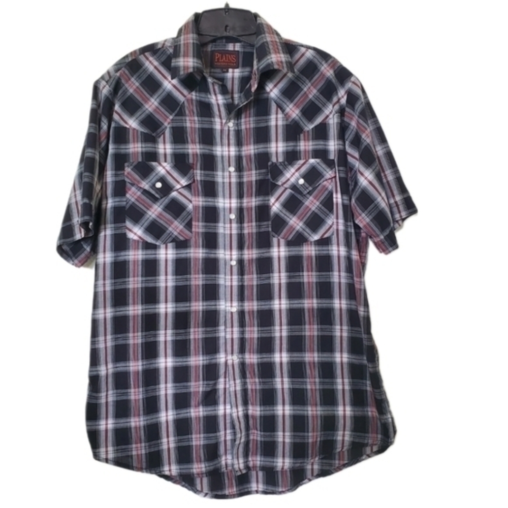 Plains Western Wear Men's Short Sleeve‎ Black Plaid Pearl Snap Cowboy Shirt